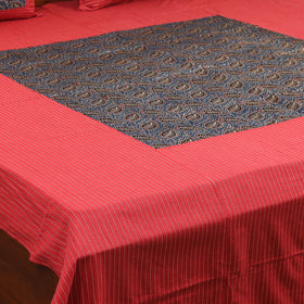 Red Jacquard with Ajrakh Modal Silk Patch Cotton Bedsheet Set