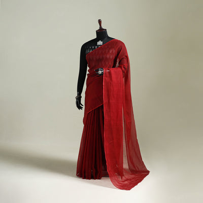 Red - Nazaakat Kota Doria Cotton Plain Saree with Blouse & Jewellery Set 97