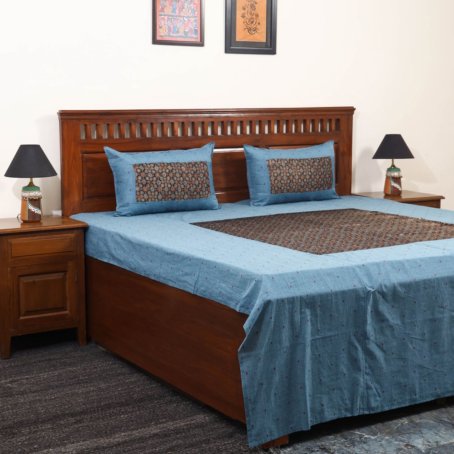 Blue - jacquard with modal silk patch cotton bedsheet set