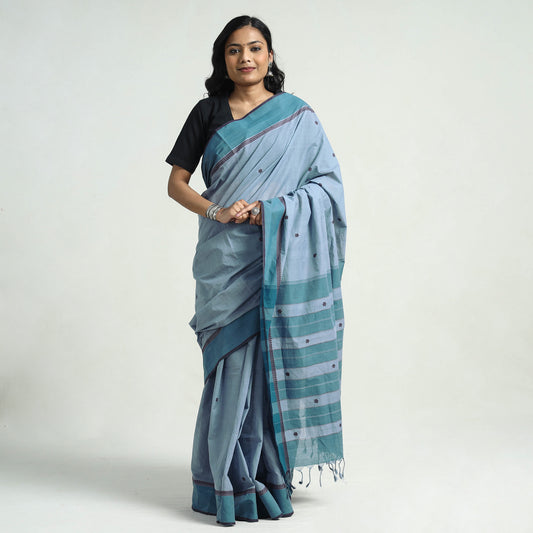 Blue - Mangalagiri Handloom Cotton Buta Saree with Thread Border