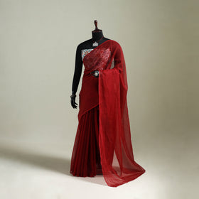 Red - Nazaakat Kota Doria Cotton Plain Saree with Blouse & Jewellery Set 98