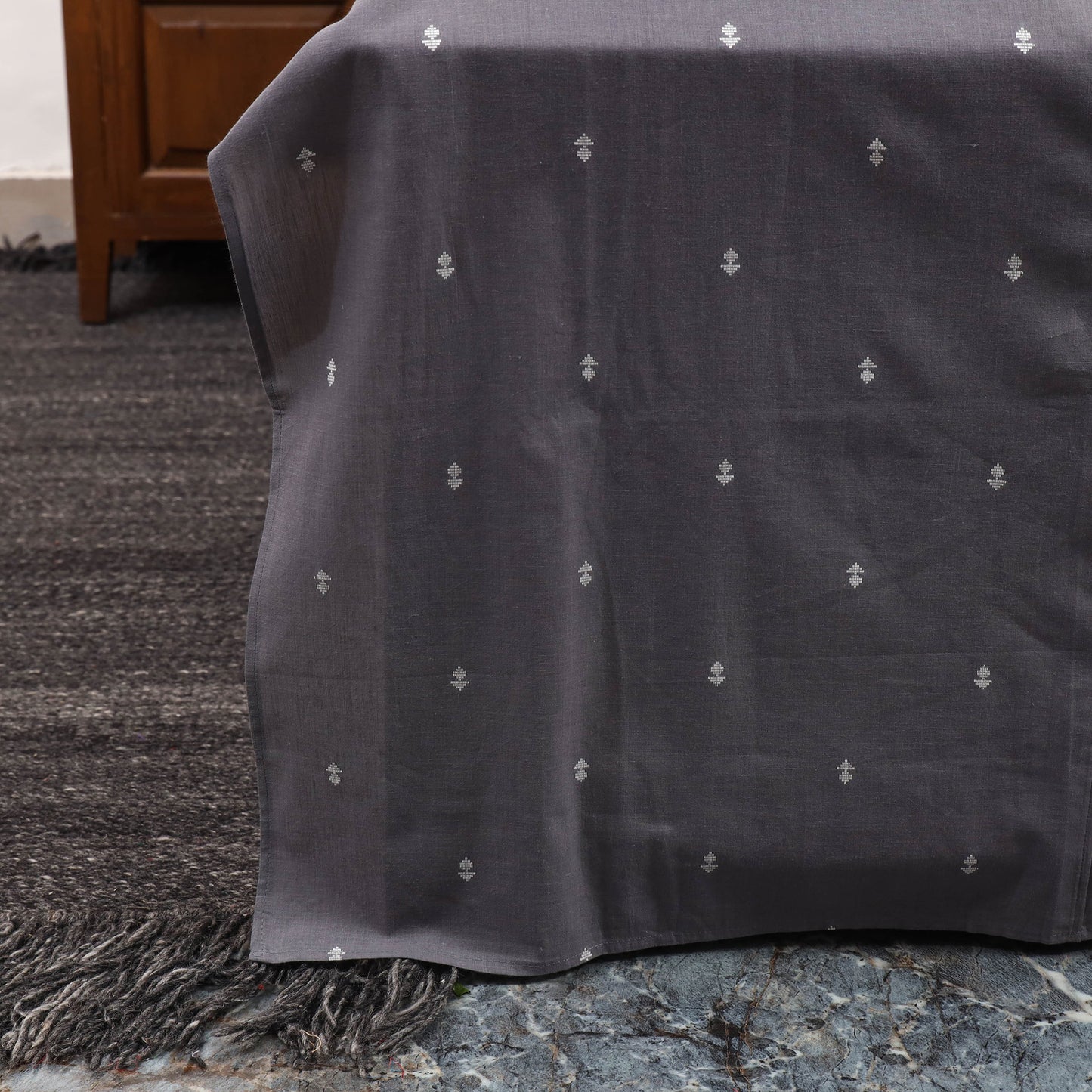 Grey Jacquard with Ajrakh Modal Silk Patch Cotton Bedsheet Set