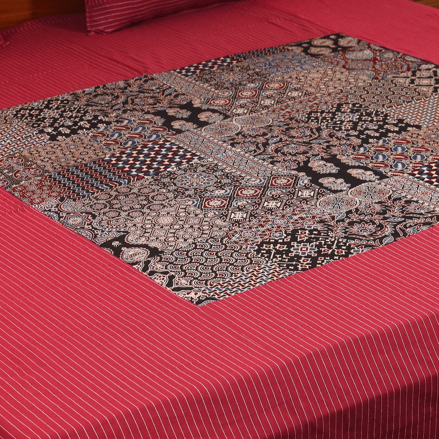 Red Jacquard with Ajrakh Modal Silk Patch Cotton Bedsheet Set