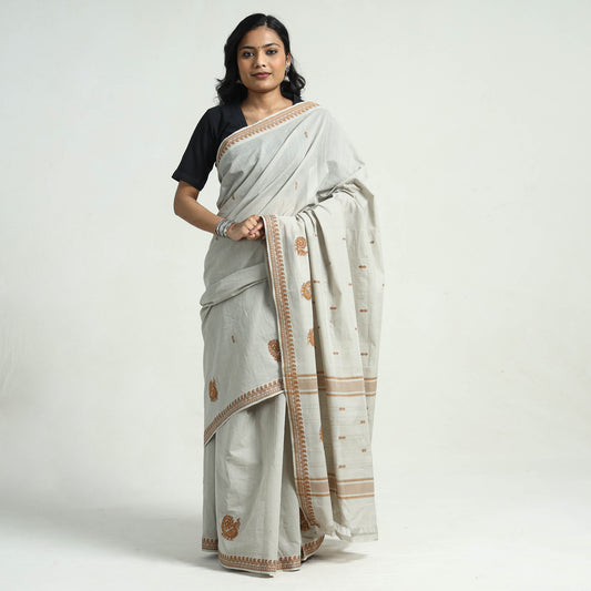 Grey - Mangalagiri Handloom Cotton Buti Saree with Thread Border