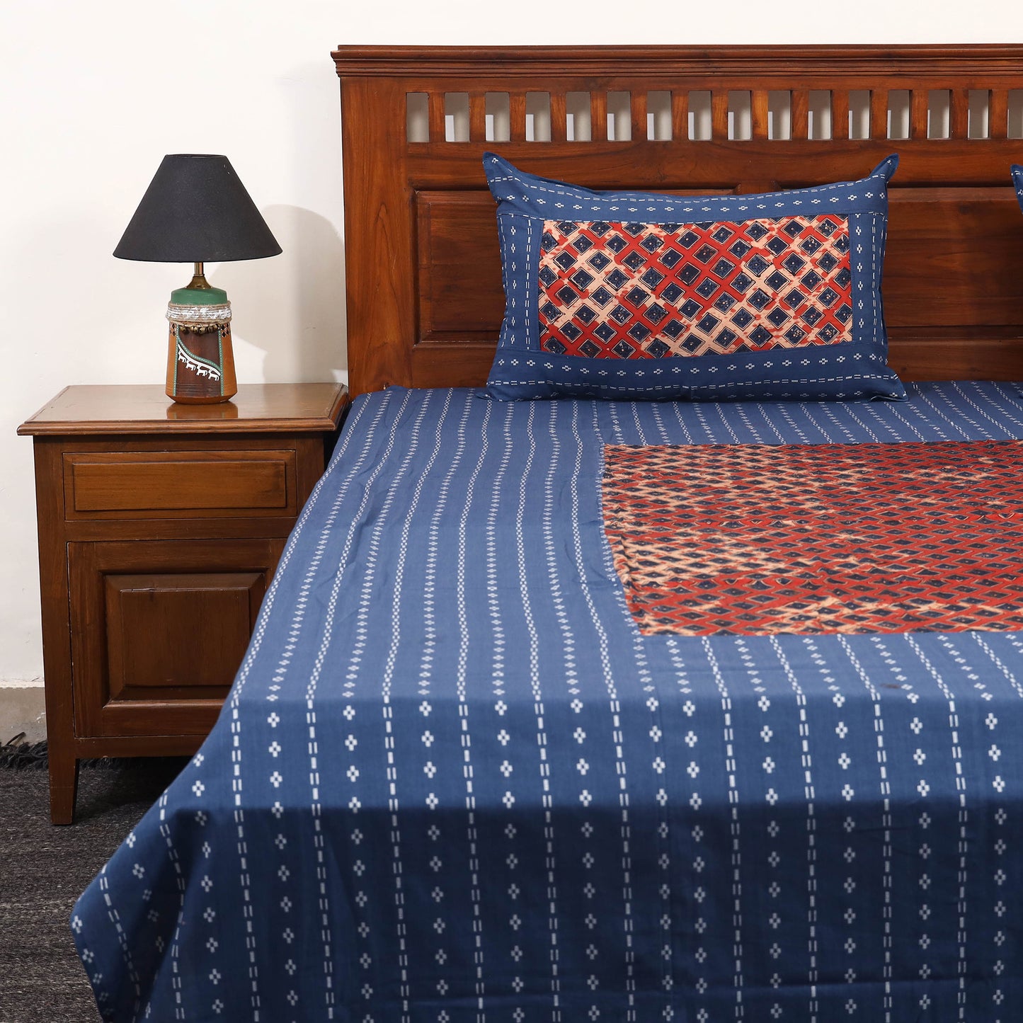 Blue - jacquard with modal silk patch cotton bedsheet set