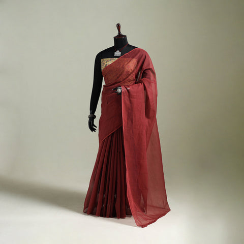 Red - Nazaakat Kota Doria Cotton Plain Saree with Blouse & Jewellery Set 101