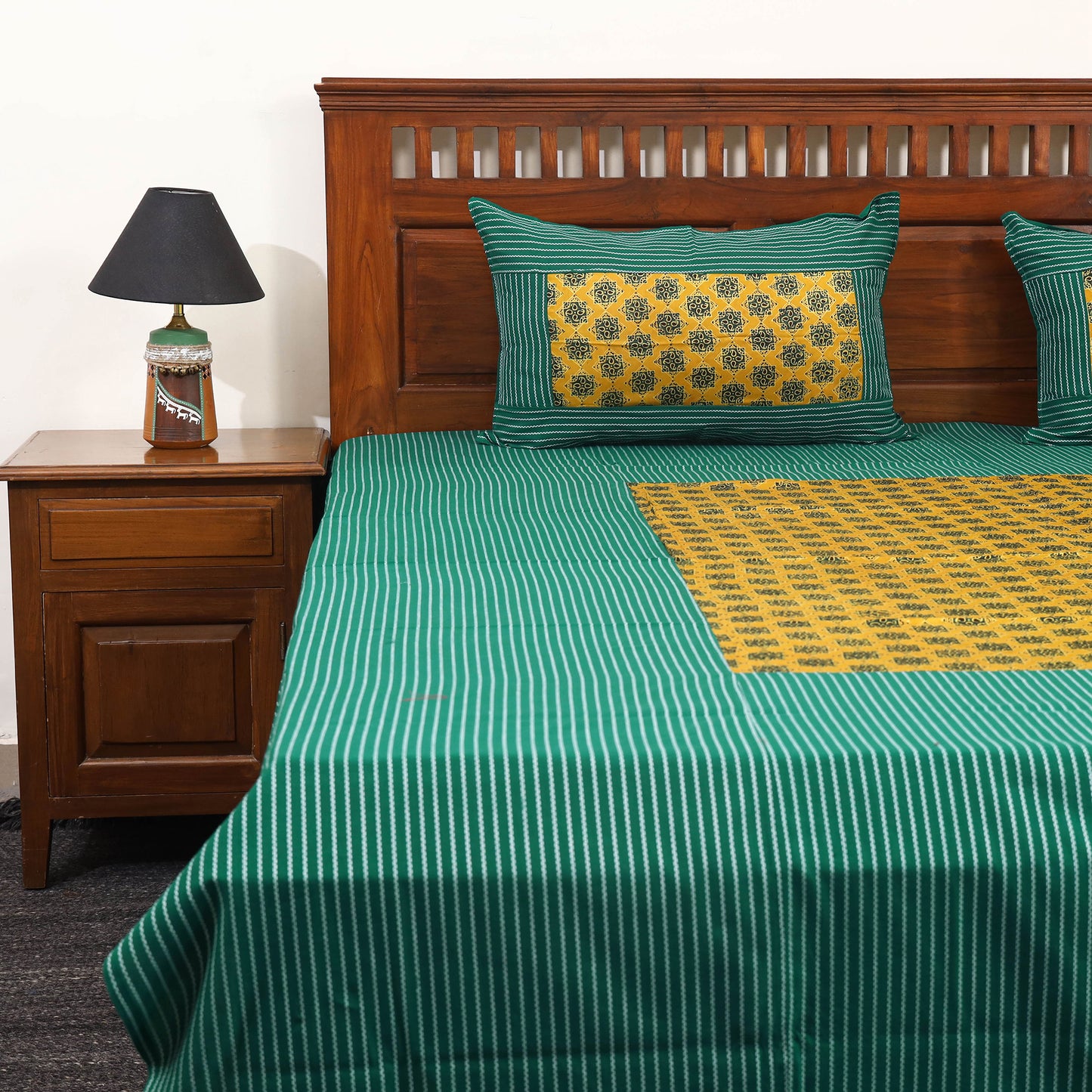 Green Jacquard with Ajrakh Modal Silk Patch Cotton Bedsheet Set