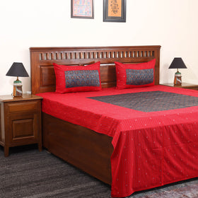 Red Jacquard with Ajrakh Modal Silk Patch Cotton Bedsheet Set
