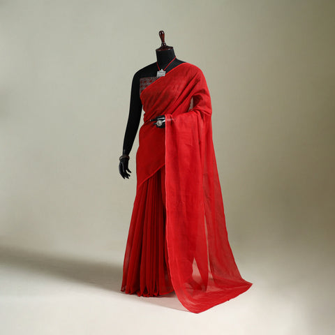 Red - Nazaakat Kota Doria Cotton Plain Saree with Blouse & Jewellery Set 105