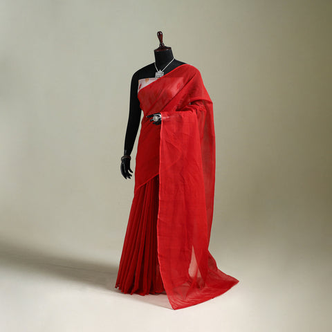 Red - Nazaakat Kota Doria Cotton Plain Saree with Blouse & Jewellery Set 106