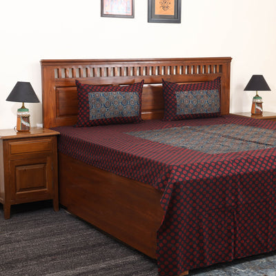 Maroon Jacquard with Ajrakh Modal Silk Patch Cotton Bedsheet Set