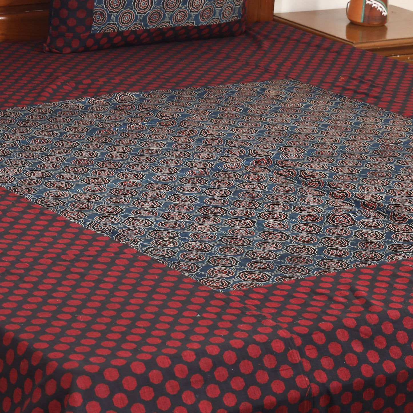 Maroon Jacquard with Ajrakh Modal Silk Patch Cotton Bedsheet Set