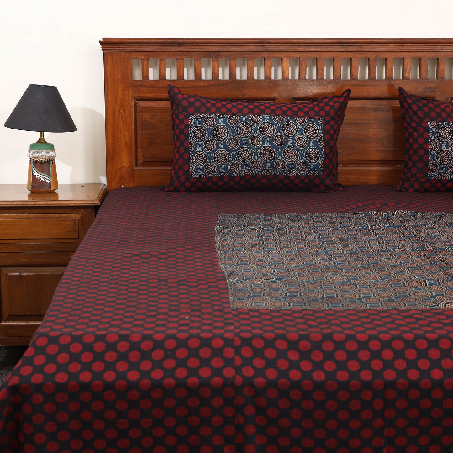 Maroon Jacquard with Ajrakh Modal Silk Patch Cotton Bedsheet Set