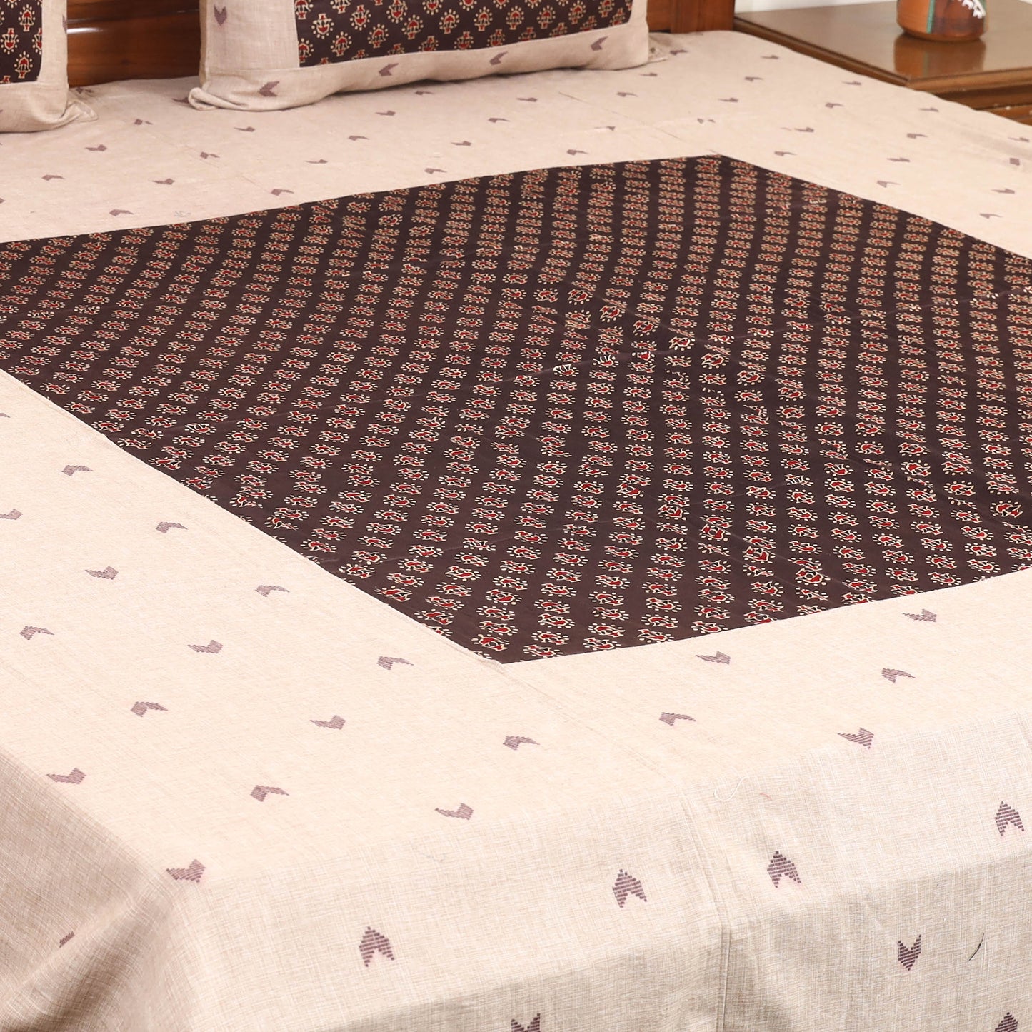 Beige Jacquard with Ajrakh Modal Silk Patch Cotton Bedsheet Set