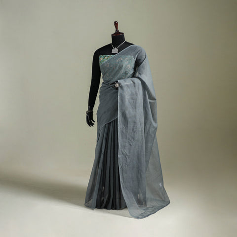 Grey - Nazaakat Kota Doria Cotton Plain Saree with Blouse & Jewellery Set 108