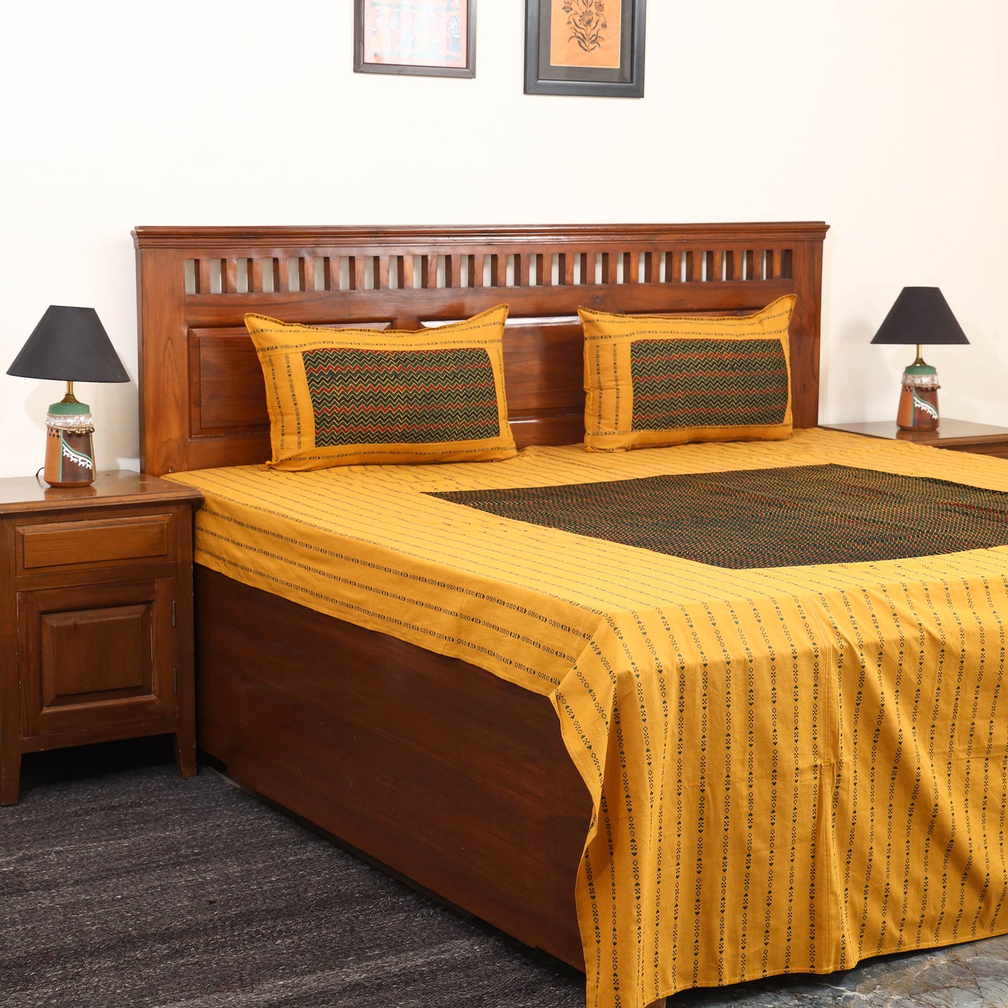 Yellow Jacquard with Ajrakh Modal Silk Patch Cotton Bedsheet Set