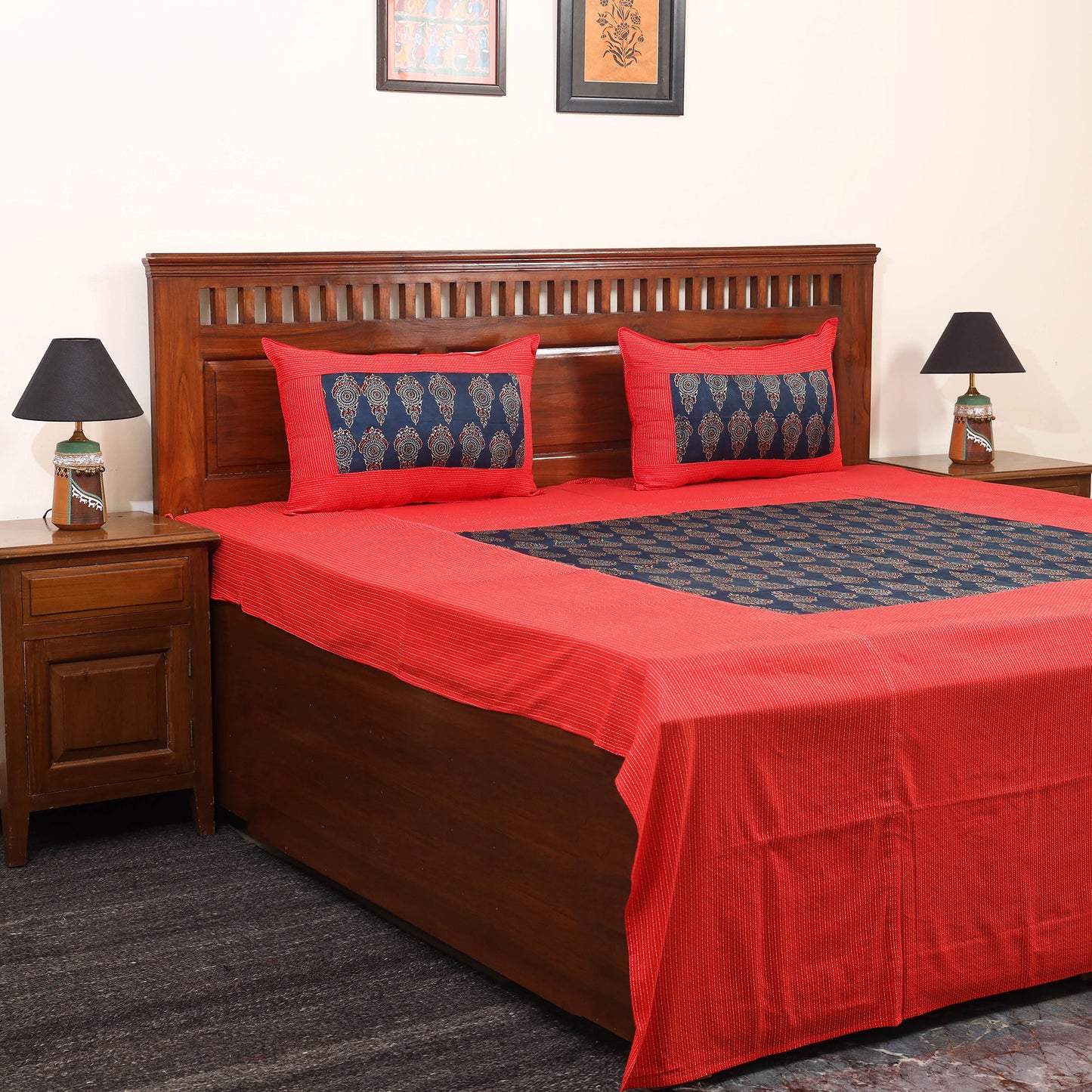 Red Running Stitch with Ajrakh Modal Silk Patch Cotton Bedsheet Set