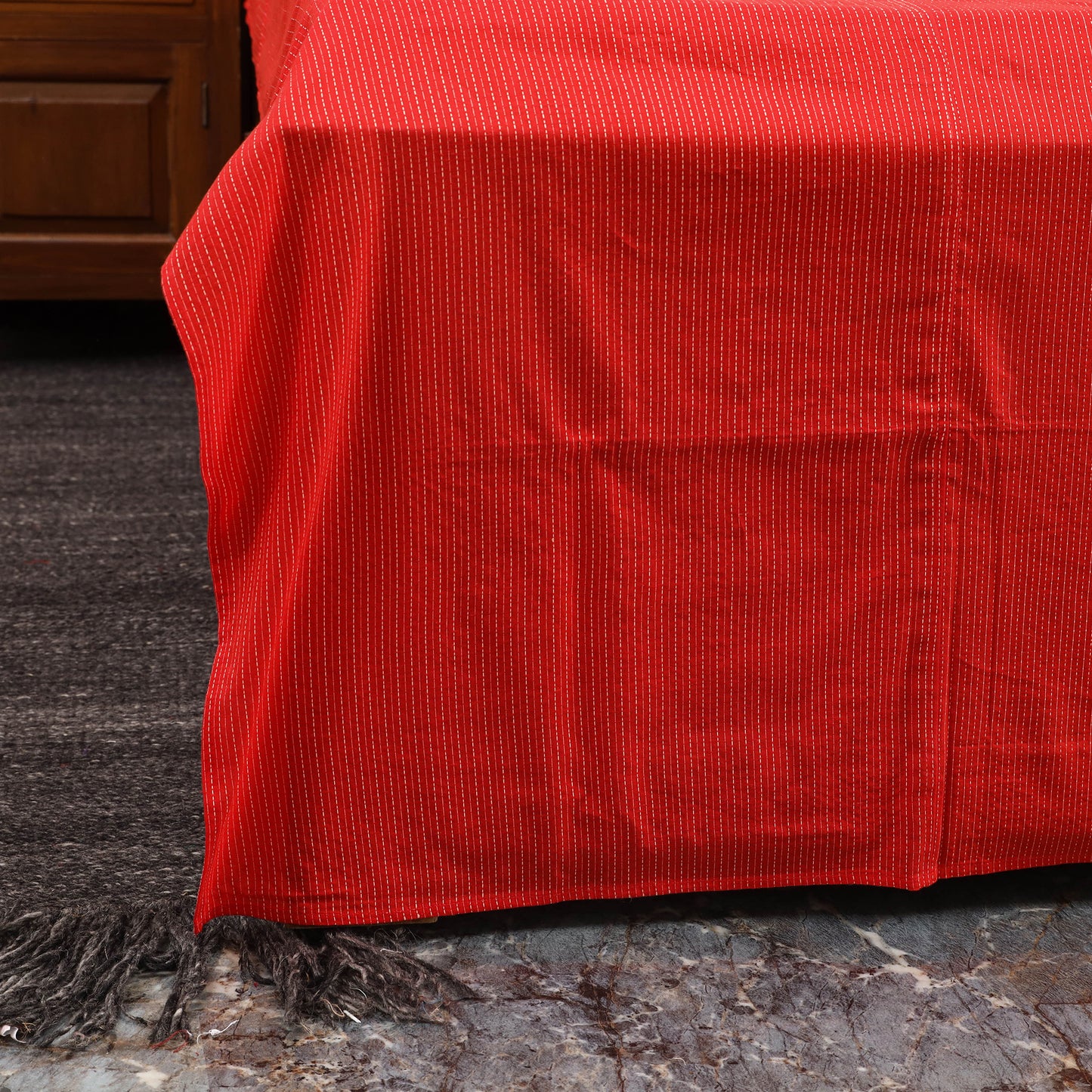 Red Running Stitch with Ajrakh Modal Silk Patch Cotton Bedsheet Set