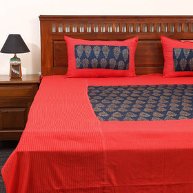 Red Running Stitch with Ajrakh Modal Silk Patch Cotton Bedsheet Set