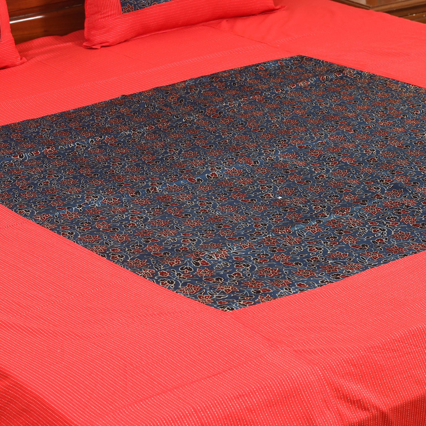 Red Running Stitch with Ajrakh Modal Silk Patch Cotton Bedsheet Set