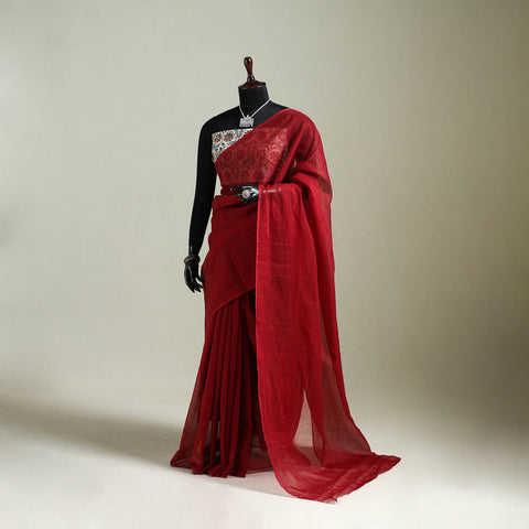 Red - Nazaakat Kota Doria Cotton Plain Saree with Blouse & Jewellery Set 113