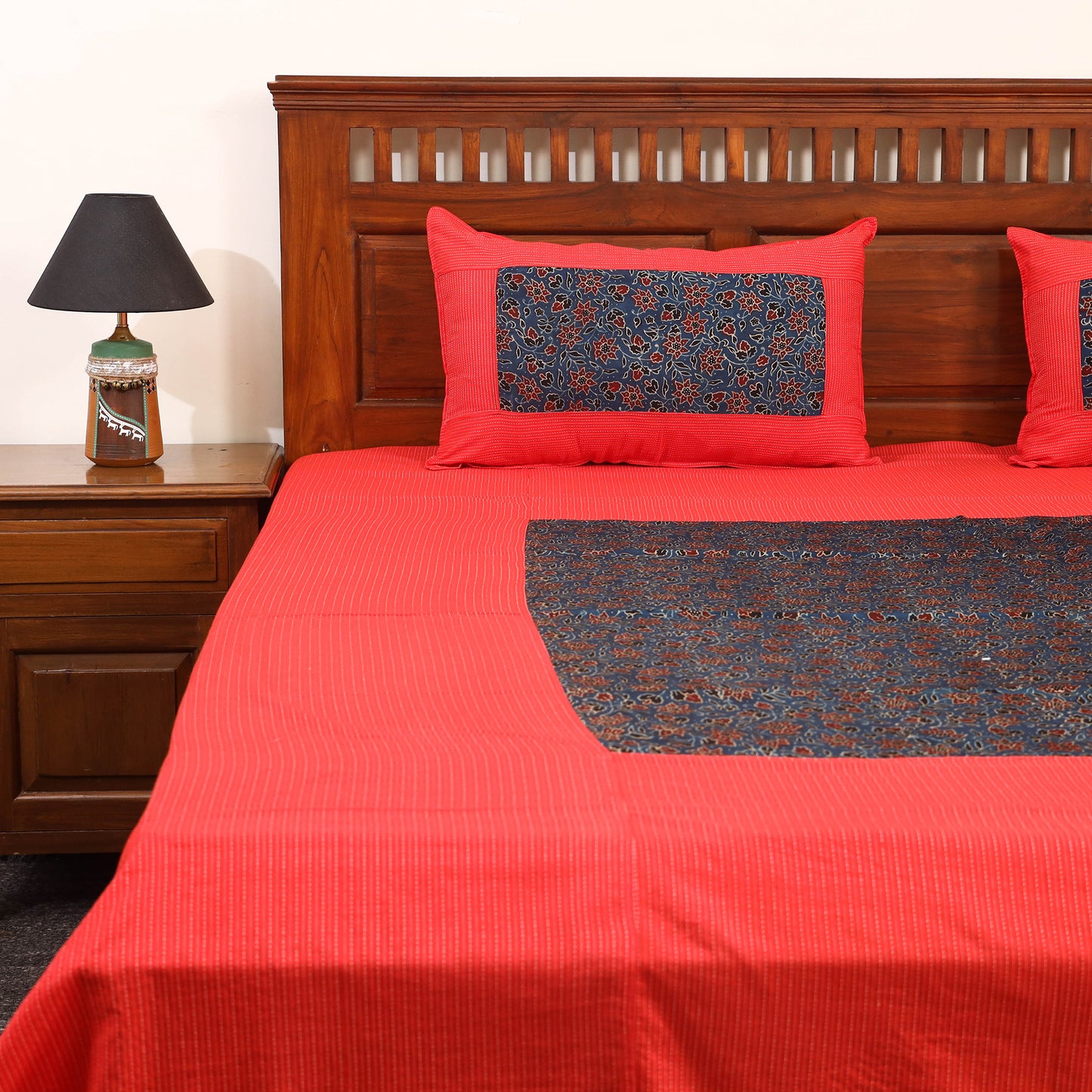 Red Running Stitch with Ajrakh Modal Silk Patch Cotton Bedsheet Set