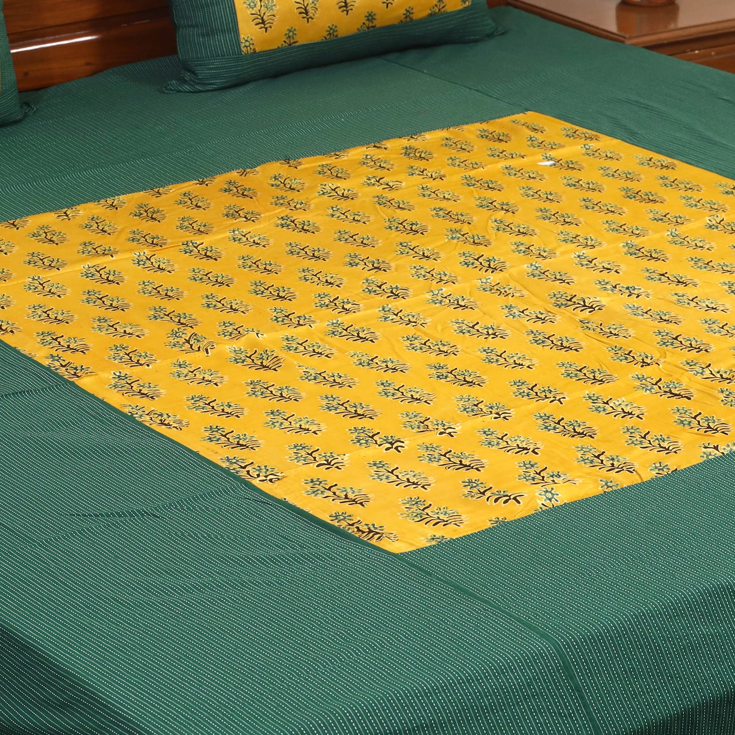 Green Running Stitch with Ajrakh Modal Silk Patch Cotton Bedsheet Set