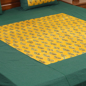 Green Running Stitch with Ajrakh Modal Silk Patch Cotton Bedsheet Set