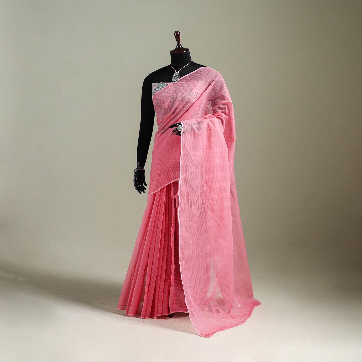 Pink - Nazaakat Kota Doria Cotton Plain Saree with Blouse & Jewellery Set 115