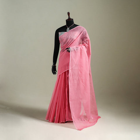 Pink - Nazaakat Kota Doria Cotton Plain Saree with Blouse & Jewellery Set 115