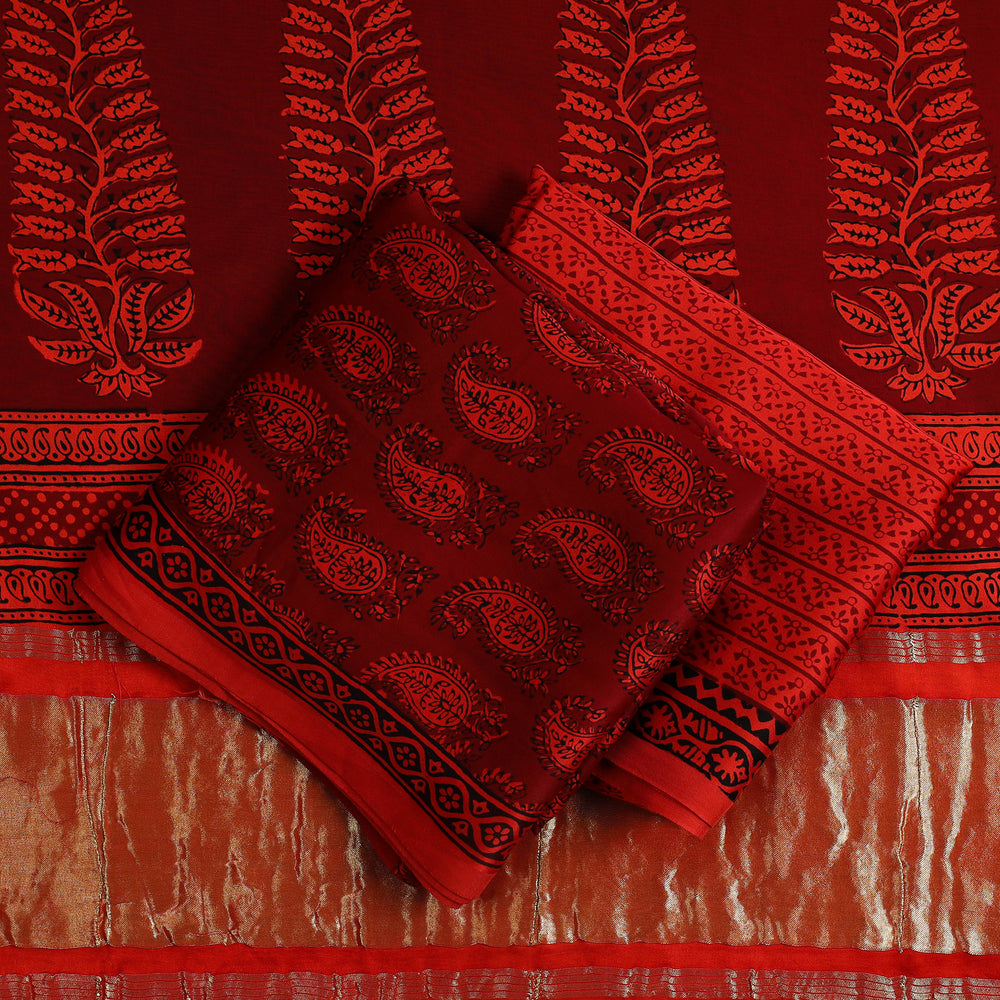 Red - 3pc Modal Silk Bagh Print Suit Material 02