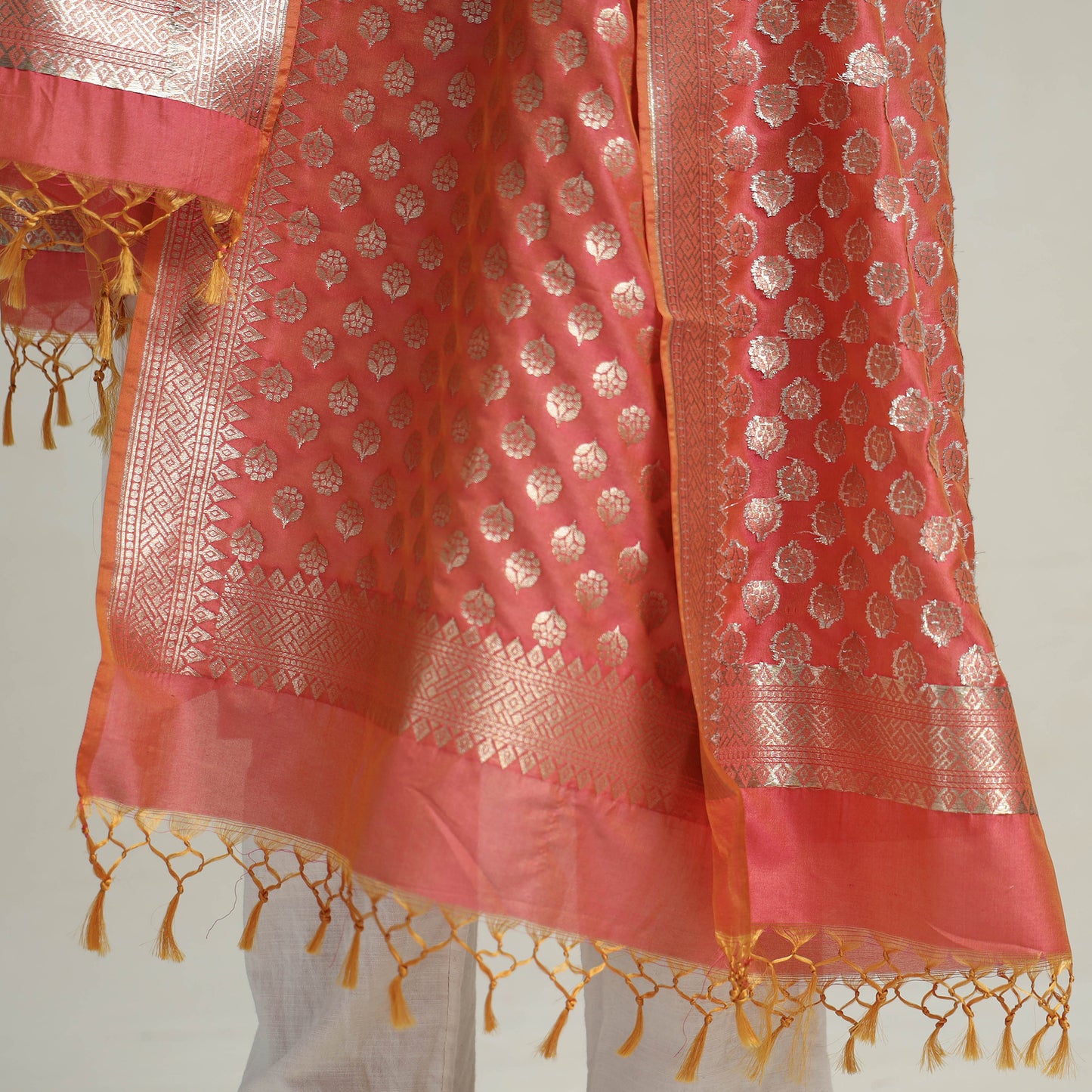 Peach - Banarasi Semi Silk Zari Jaal Dupatta with Tassels 01
