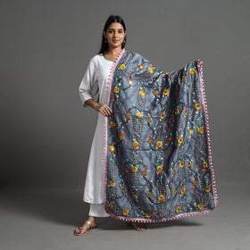  Grey Ranihati Hand Embroidery Chanderi Silk Dupatta