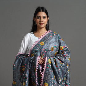  Grey Ranihati Hand Embroidery Chanderi Silk Dupatta
