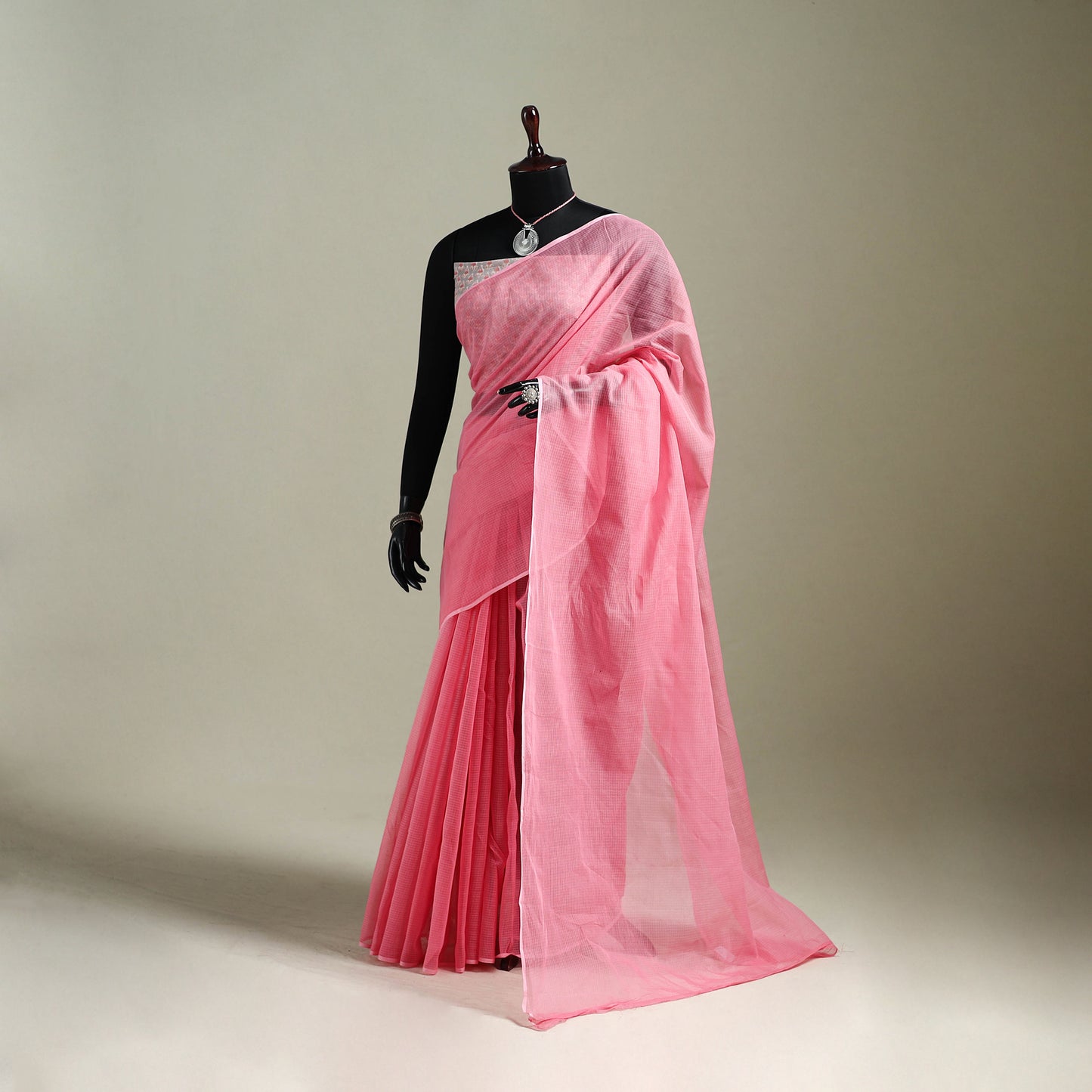 Pink - Nazaakat Kota Doria Cotton Plain Saree with Blouse & Jewellery Set 116