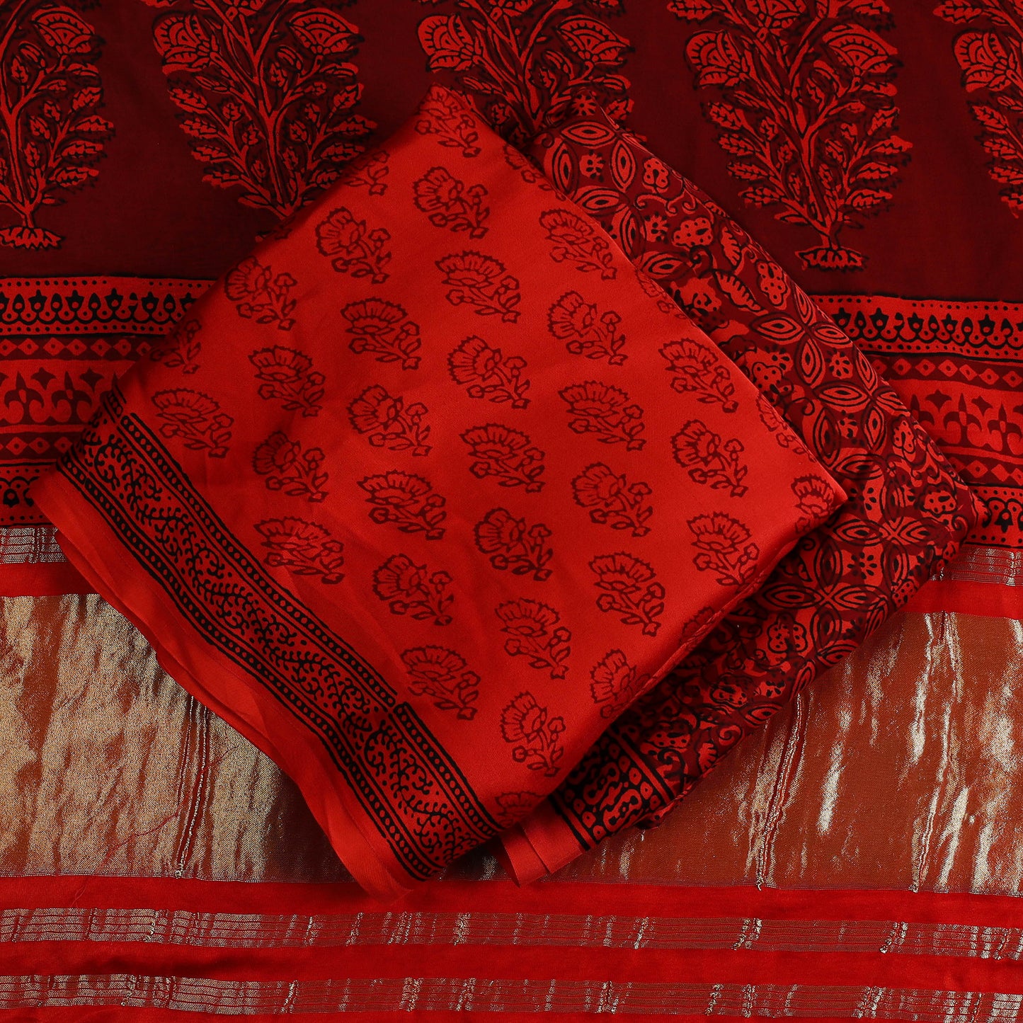 Red - 3pc Modal Silk Bagh Print Suit Material 06