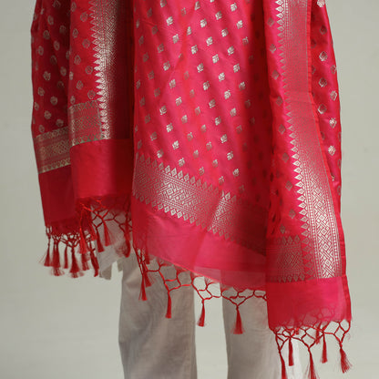 Pink - Banarasi Semi Silk Zari Jaal Dupatta with Tassels 06