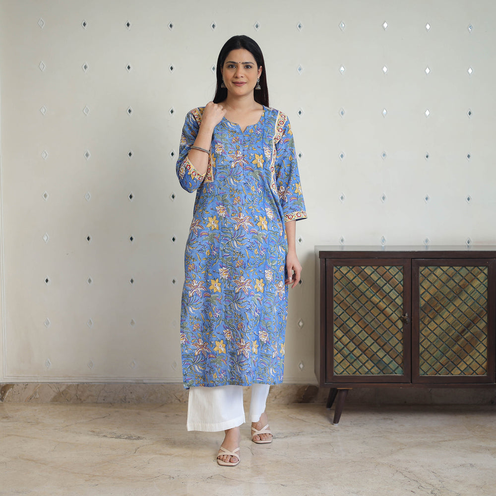 Blue - Block Print Cotton Straight Sanganeri Kurta 09