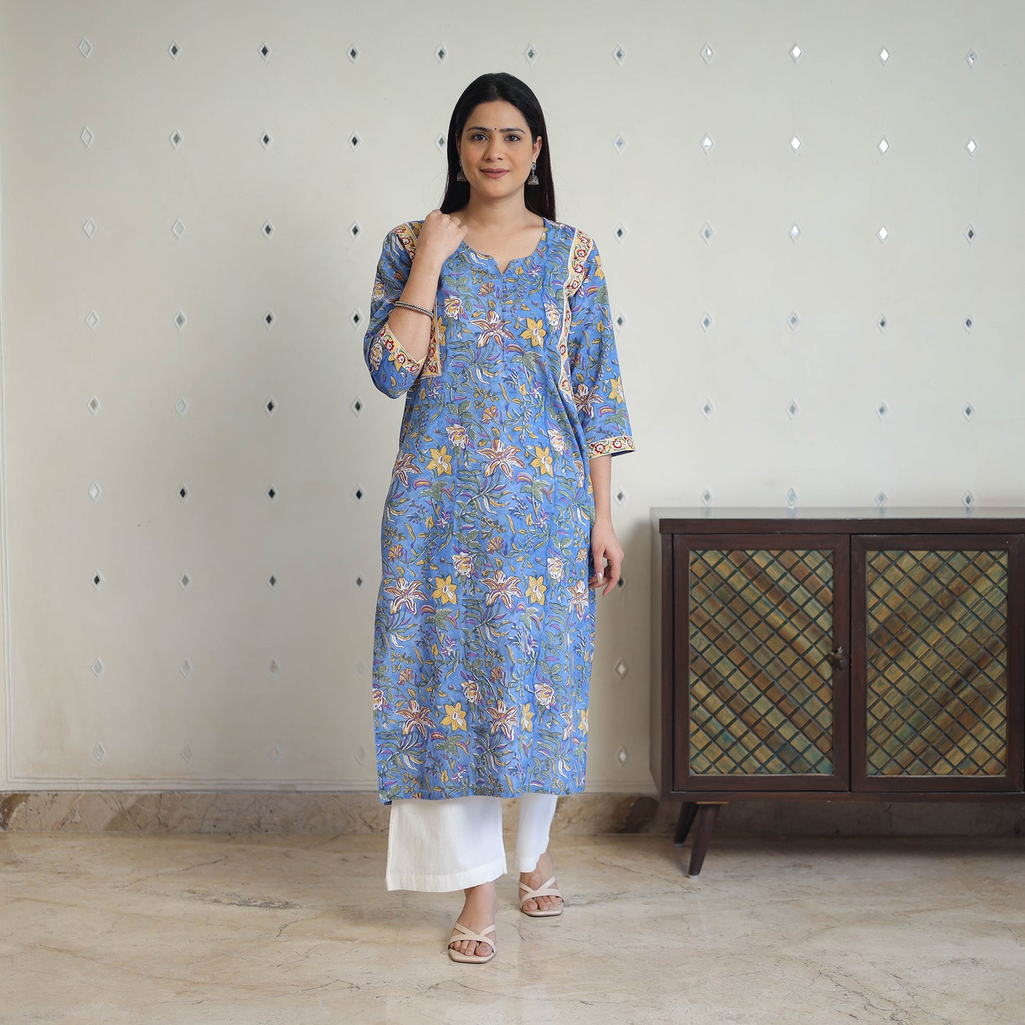 Blue - Block Print Cotton Straight Sanganeri Kurta 09