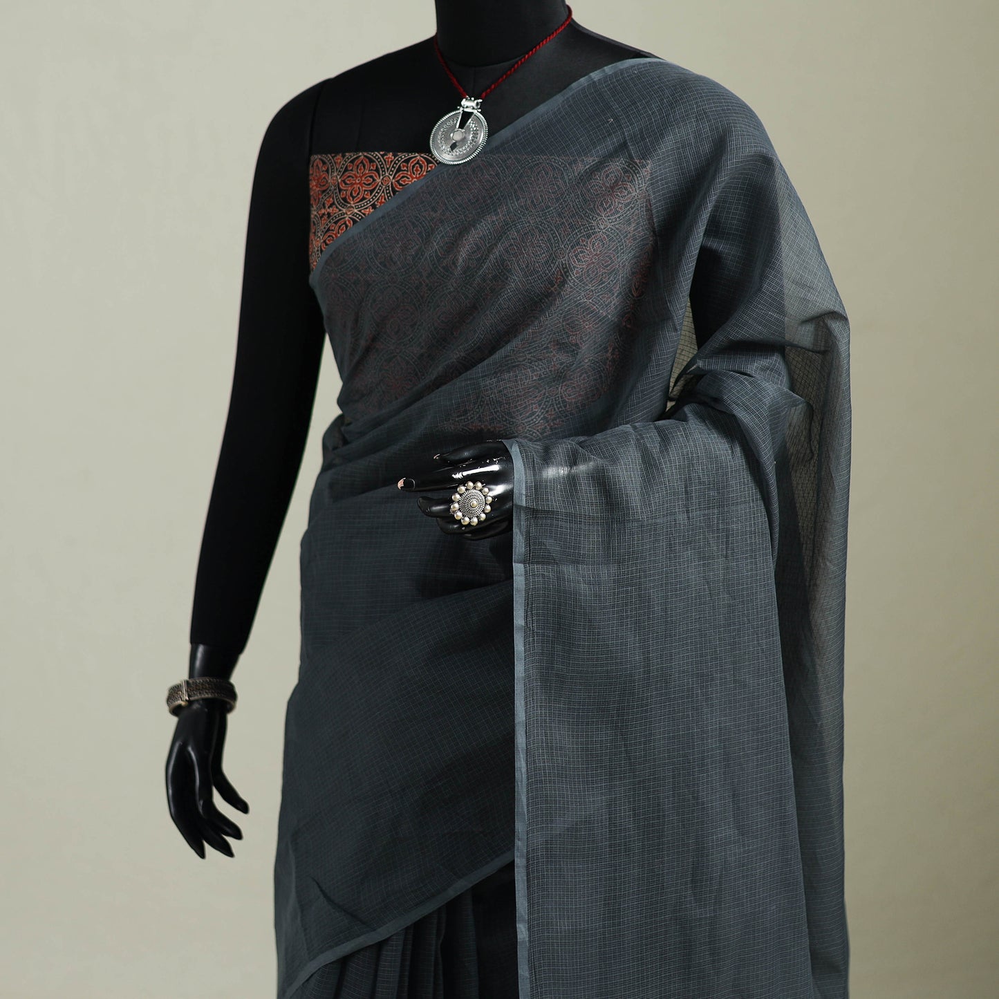 Grey - Nazaakat Kota Doria Cotton Plain Saree with Blouse & Jewellery Set 118