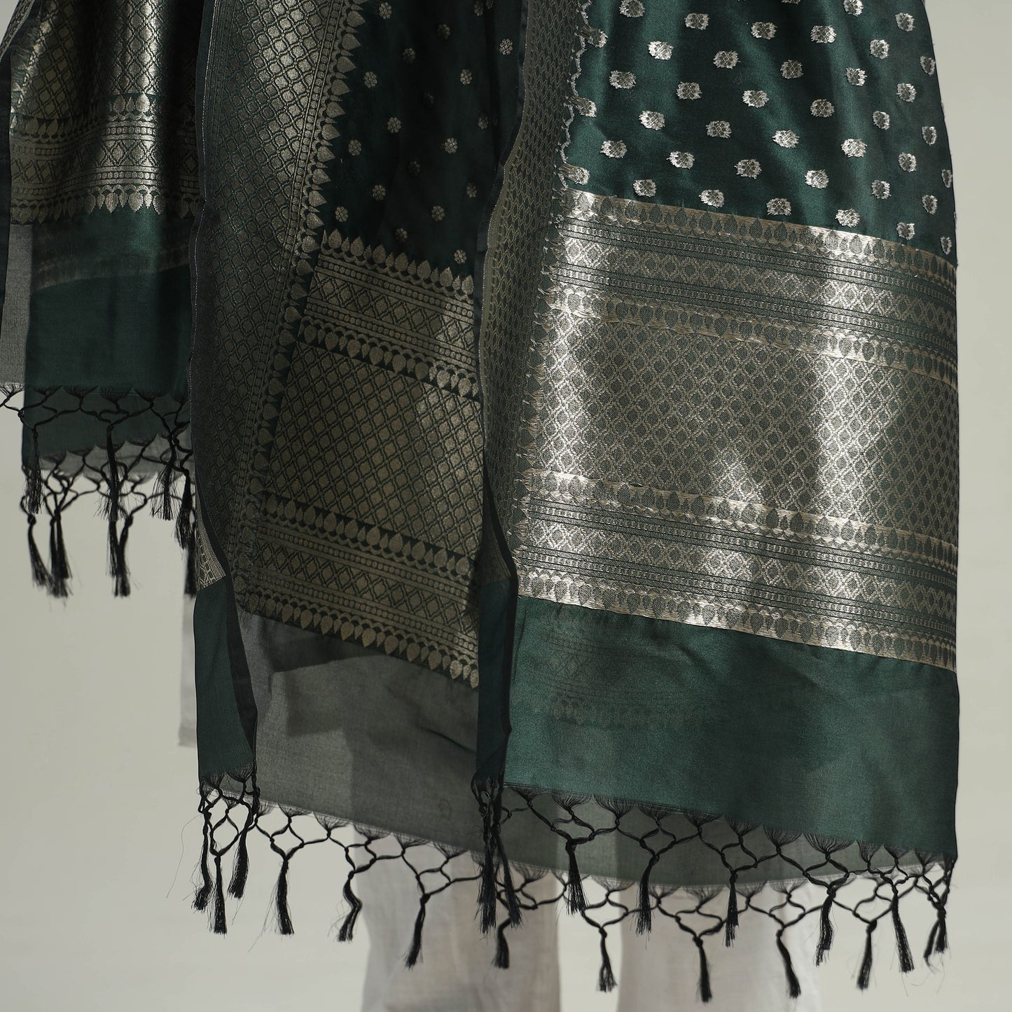 Green - Banarasi Semi Silk Zari Jaal Dupatta with Tassels 07