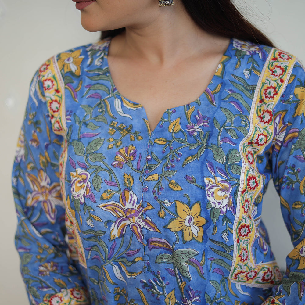 Blue - Block Print Cotton Straight Sanganeri Kurta 09