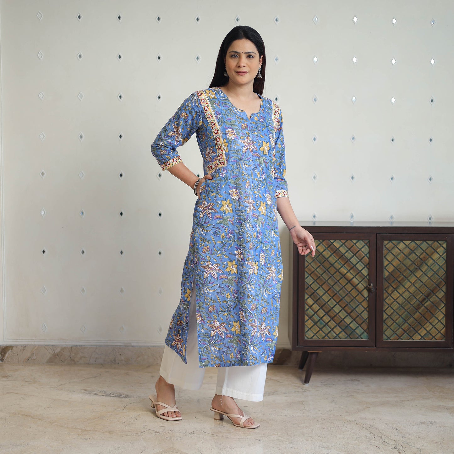 Blue - Block Print Cotton Straight Sanganeri Kurta 09