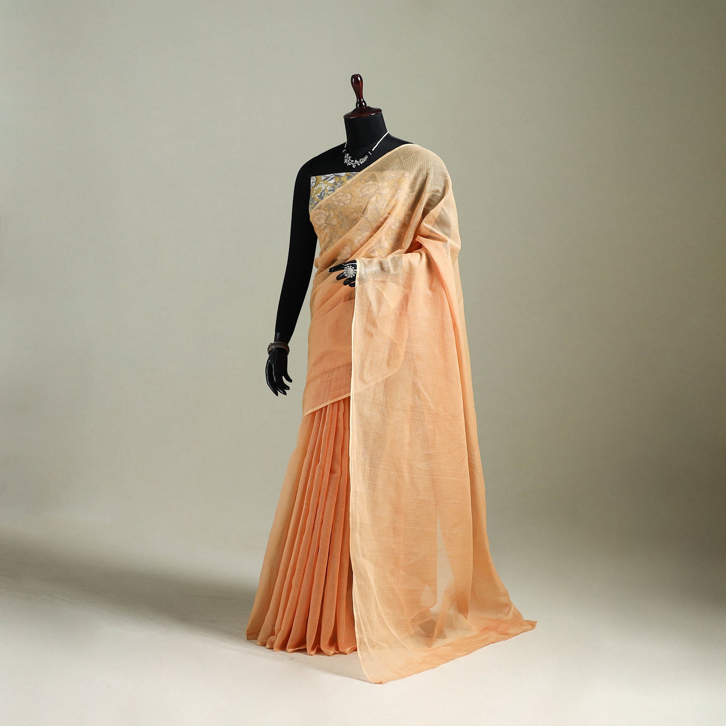 Peach - Nazaakat Kota Doria Cotton Plain Saree with Blouse & Jewellery Set 119