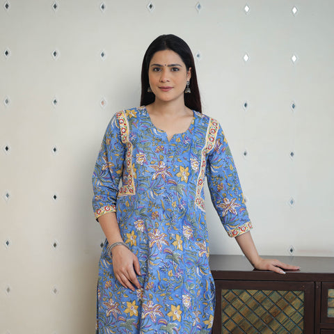 Blue - Block Print Cotton Straight Sanganeri Kurta 09