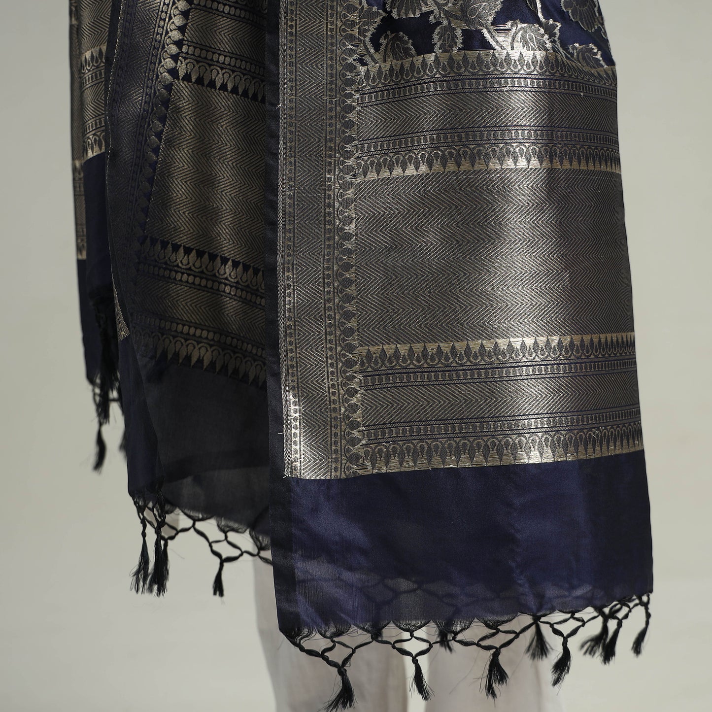 Blue - Banarasi Semi Silk Zari Jaal Dupatta with Tassels 11