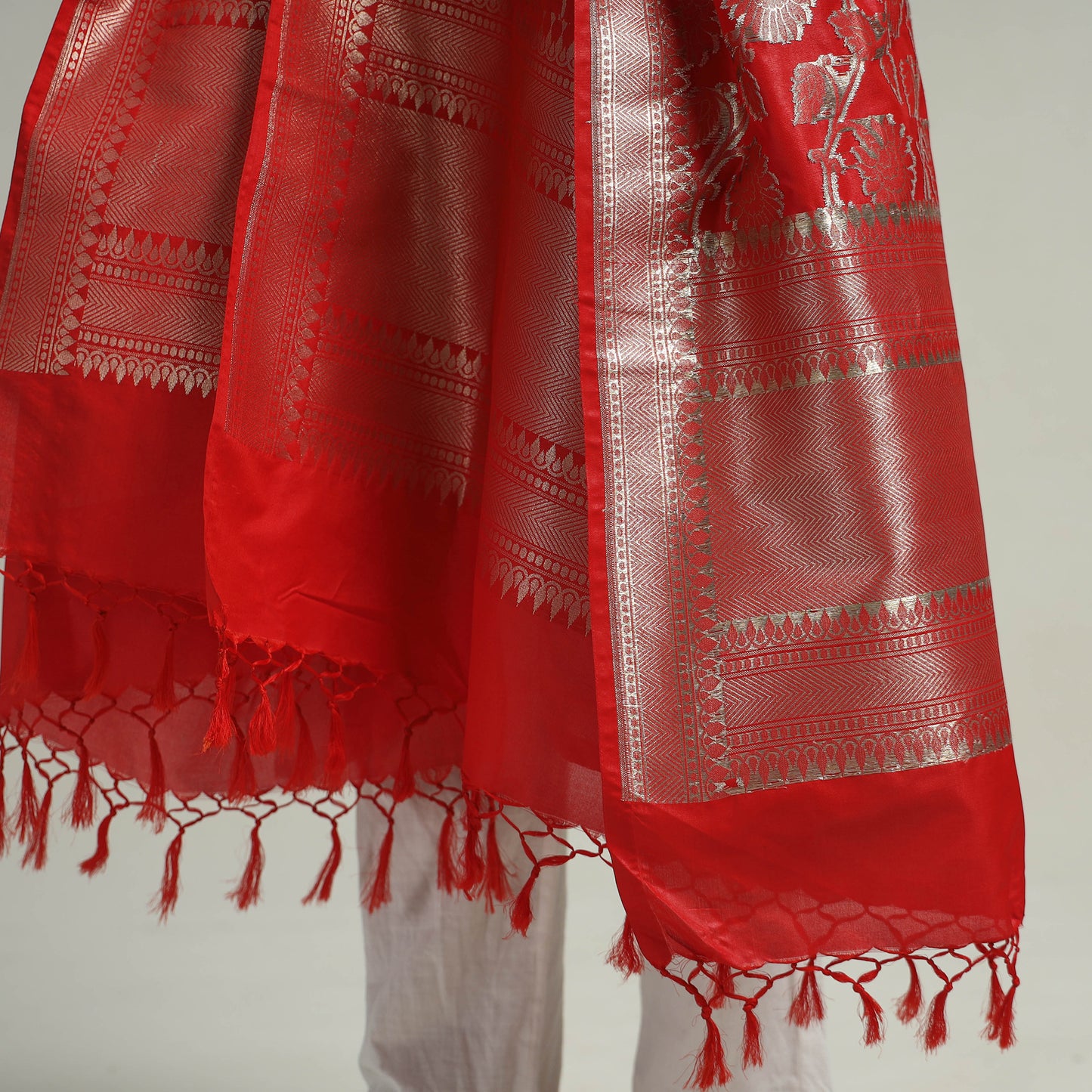Red - Banarasi Semi Silk Zari Jaal Dupatta with Tassels 12