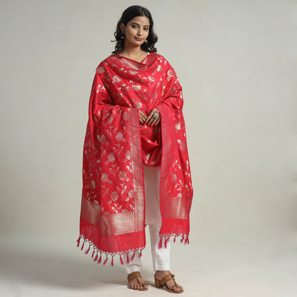 Red - Banarasi Semi Silk Zari Jaal Dupatta with Tassels 13