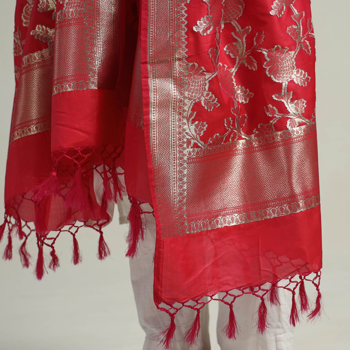 Red - Banarasi Semi Silk Zari Jaal Dupatta with Tassels 13