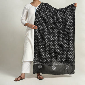 Black - Bengal Kantha Hand Embroidery Cotton Dupatta with Tassels